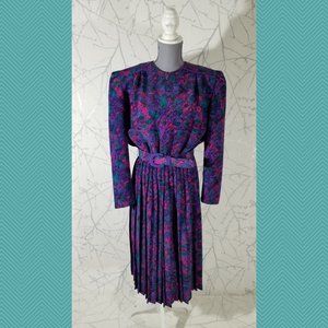Allison Hayward VTG 80's Purple Floral Print Belted Pleated Midi A-Line Dress